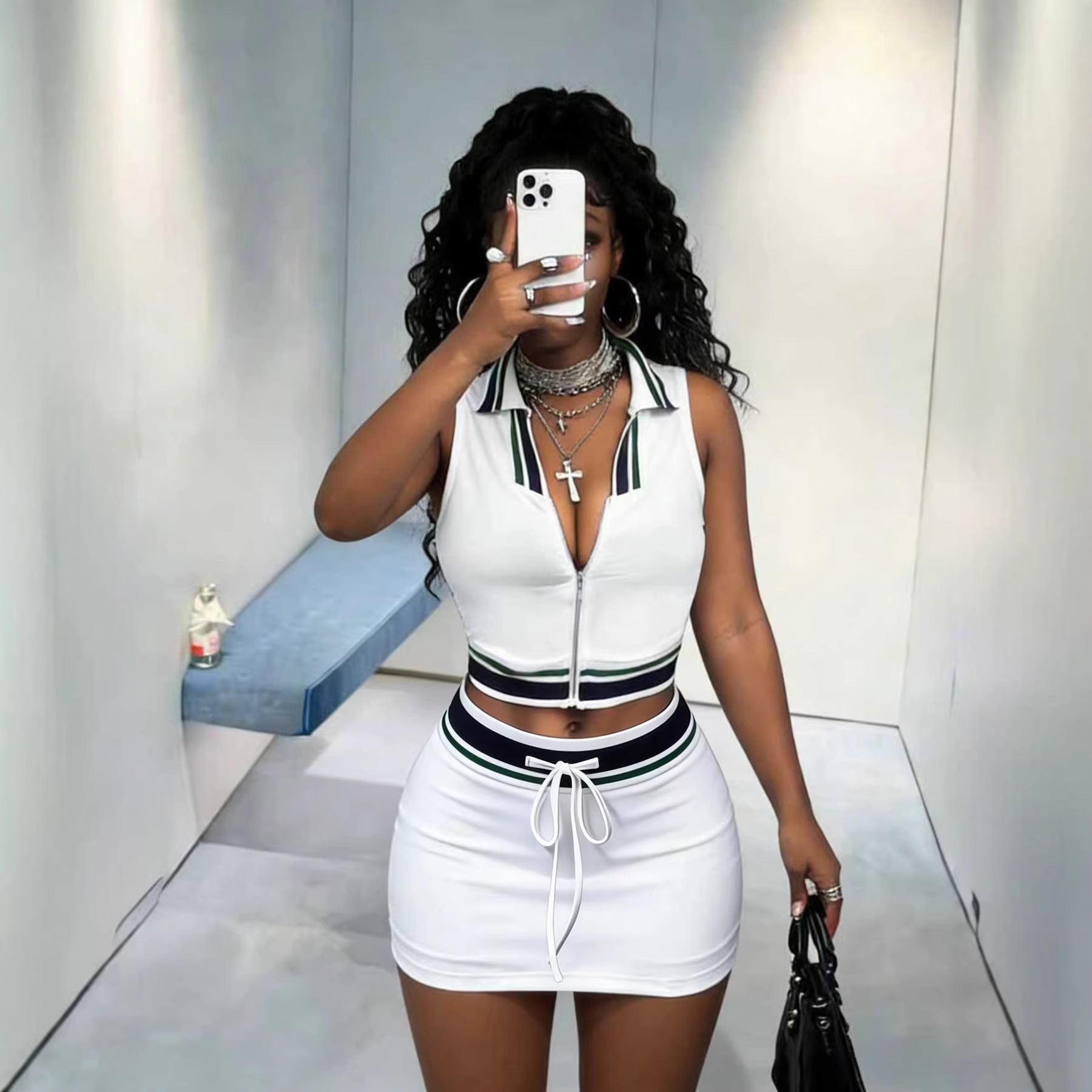Casual Women's Fashion Sporty Collar Solid Color Sleeveless Top with Crop Tie Waist Mini Skirt SetExport Wear