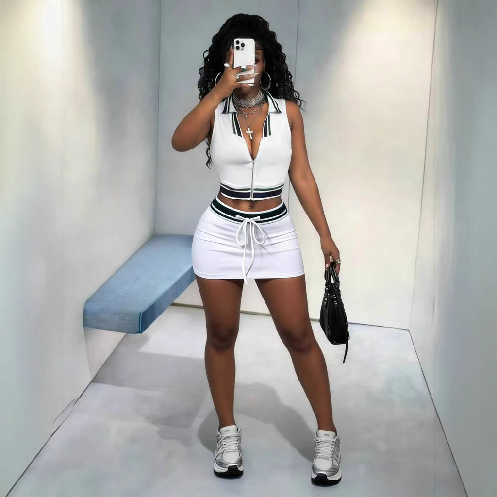 Casual Women's Fashion Sporty Collar Solid Color Sleeveless Top with Crop Tie Waist Mini Skirt SetExport Wear