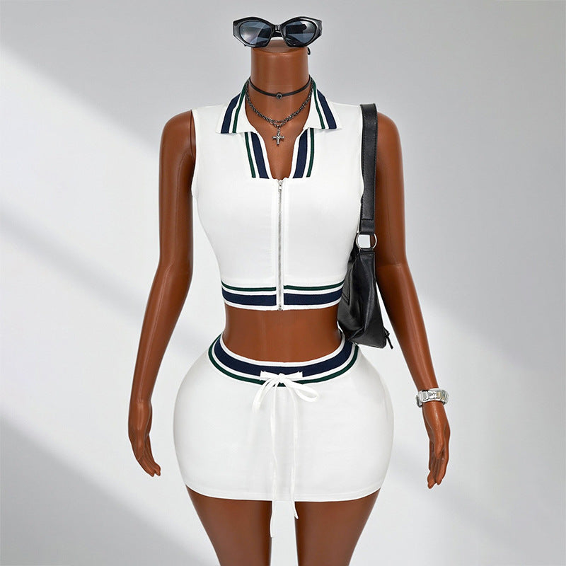 Casual Women's Fashion Sporty Collar Solid Color Sleeveless Top with Crop Tie Waist Mini Skirt SetExport Wear