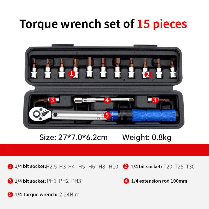 15-Piece Bike Torque Wrench Set, High Precision Preset Torque 2-24Nm Adjustable Ratchet with 1/4 Inch Drive